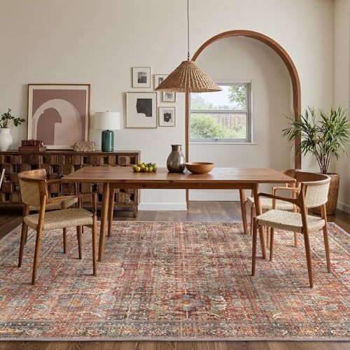 GENIMO 9x12 Area Rugs for Living Room, Machine Washable Non Slip Vintage Rugs, Low Pile Lightweight Chenille Print Rug for Bedroom, Dining Room, Home Office, Terracotta Indigo