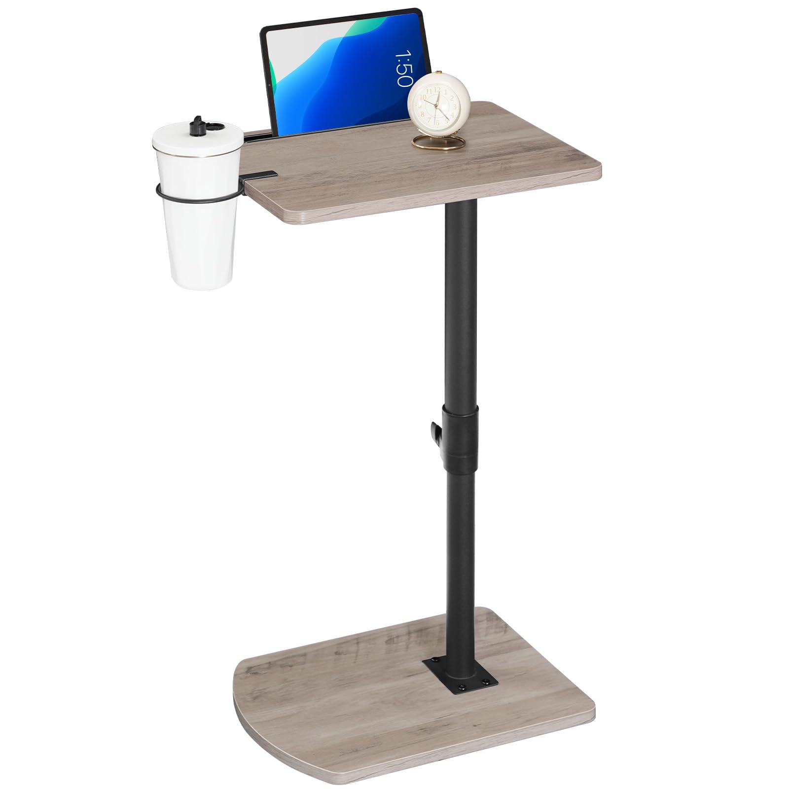HOOBRO Tavolino a Forma di C Regolabile in Altezza, Tavolino Divano Rotazione 360°, con Portabicchieri Rimovibile e Slot per Tablet, Grigio Invecchiato e Nero EBG34SF01