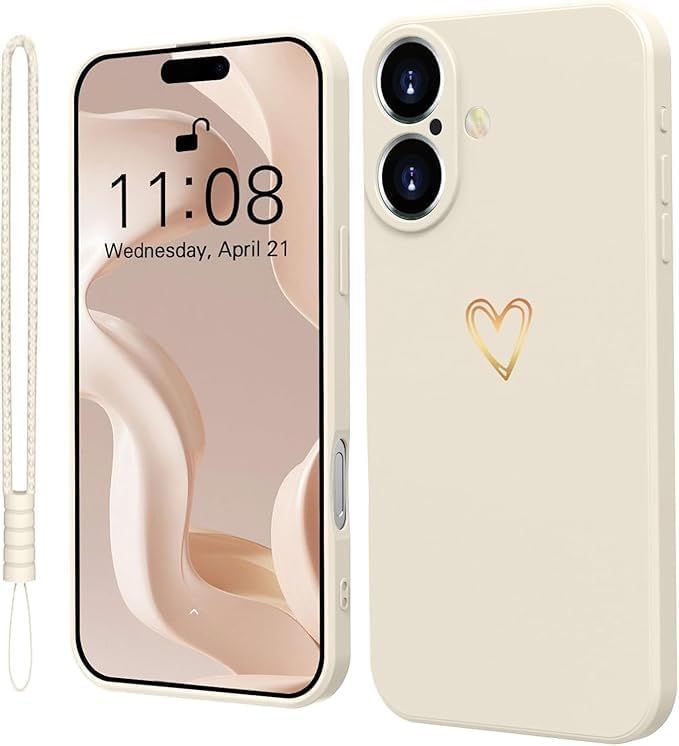 Silikónový kryt na iPhone 16 Mitetabo pre dievčatá – so zlatým motívom srdca, tenký, nárazuvzdorný, ochranný kryt proti poškriabaniu na iPhone 16 6,1", béžový