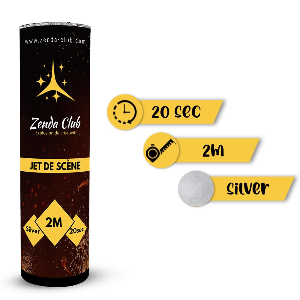 ZENDA CLUB® – Set di 5 getti di scena argentati – 2 metri / 20 secondi – senza trigger – Effetti luminosi spettacolari – Animazione professionale – Categoria F1
