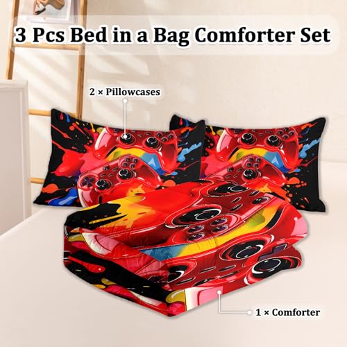 HICAND Gamer Full Bedding Sets for Boys Teen, 3 Pcs Full Size Gaming Comforter Set for Boys,Red Black Full Szie Bedding Set — view 2