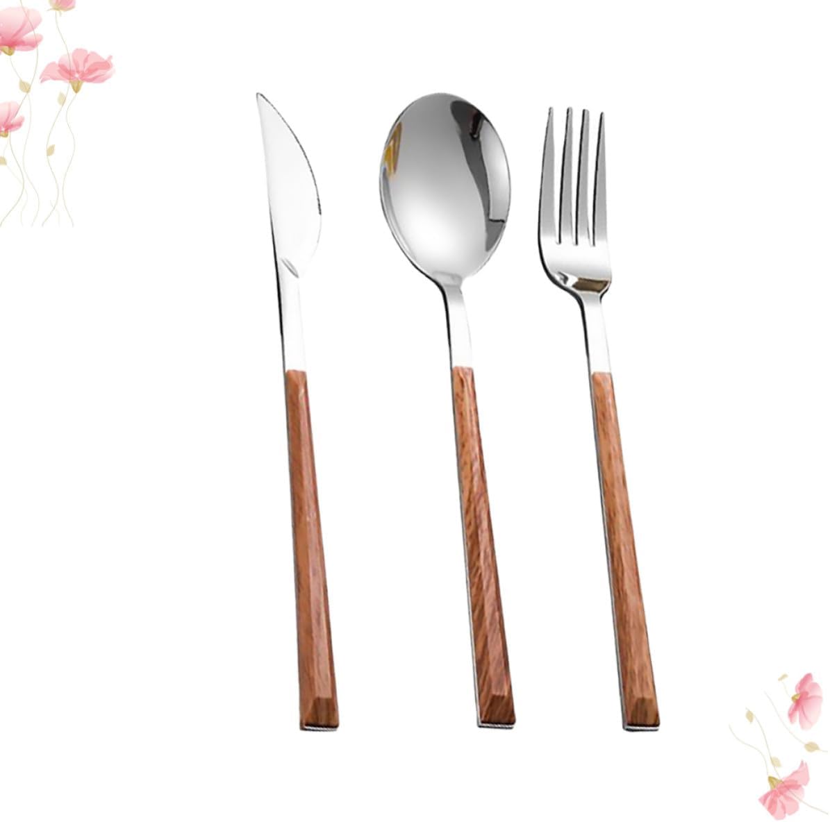 Fork Spoon Cutter Set Imitation Wood Handle 3Pcs Stainless Steel