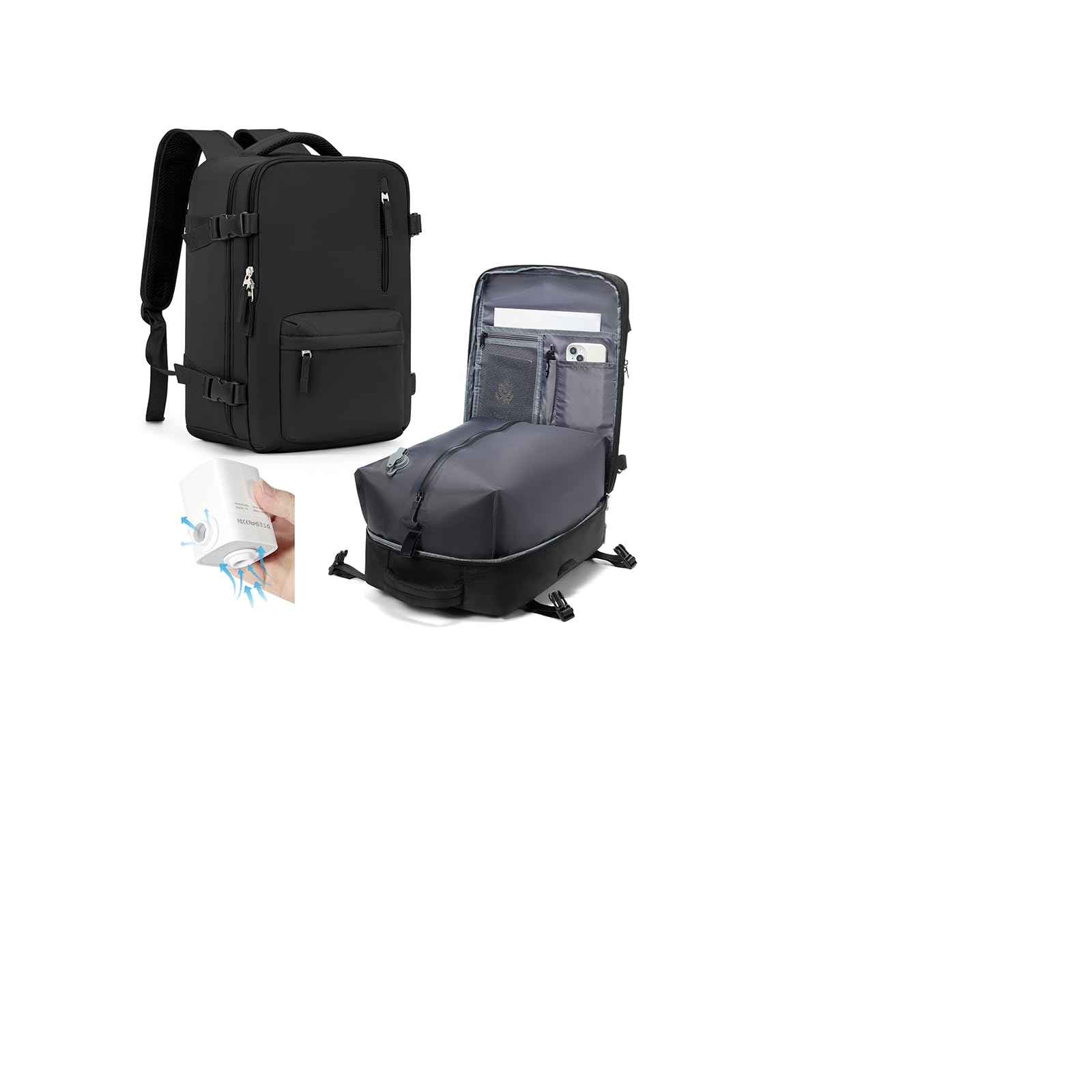 HPLQQ Zaino 40x30x20 per Ryanair Zaino Sottovuoto da Viaggio con Pompa | Aereo Bagaglio a Mano Easyjet Borsa da Cabina per Uomo e Donna Lavoro e Scuola Casual Daypack,T Nero