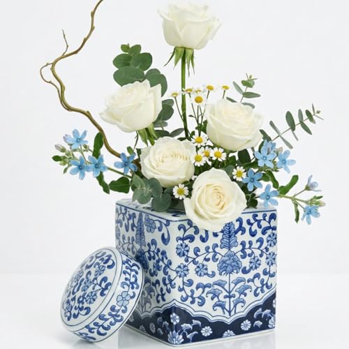 Image of Goaste Square Ceramic Ginger Jar with Lid, 8.2 Inch Blue and White Ginger Jars Decorative, Chinoiserie Porcelain Flower Vase, Handmade Large Floral Canister for Home Decor, Office, Table Centerpieces