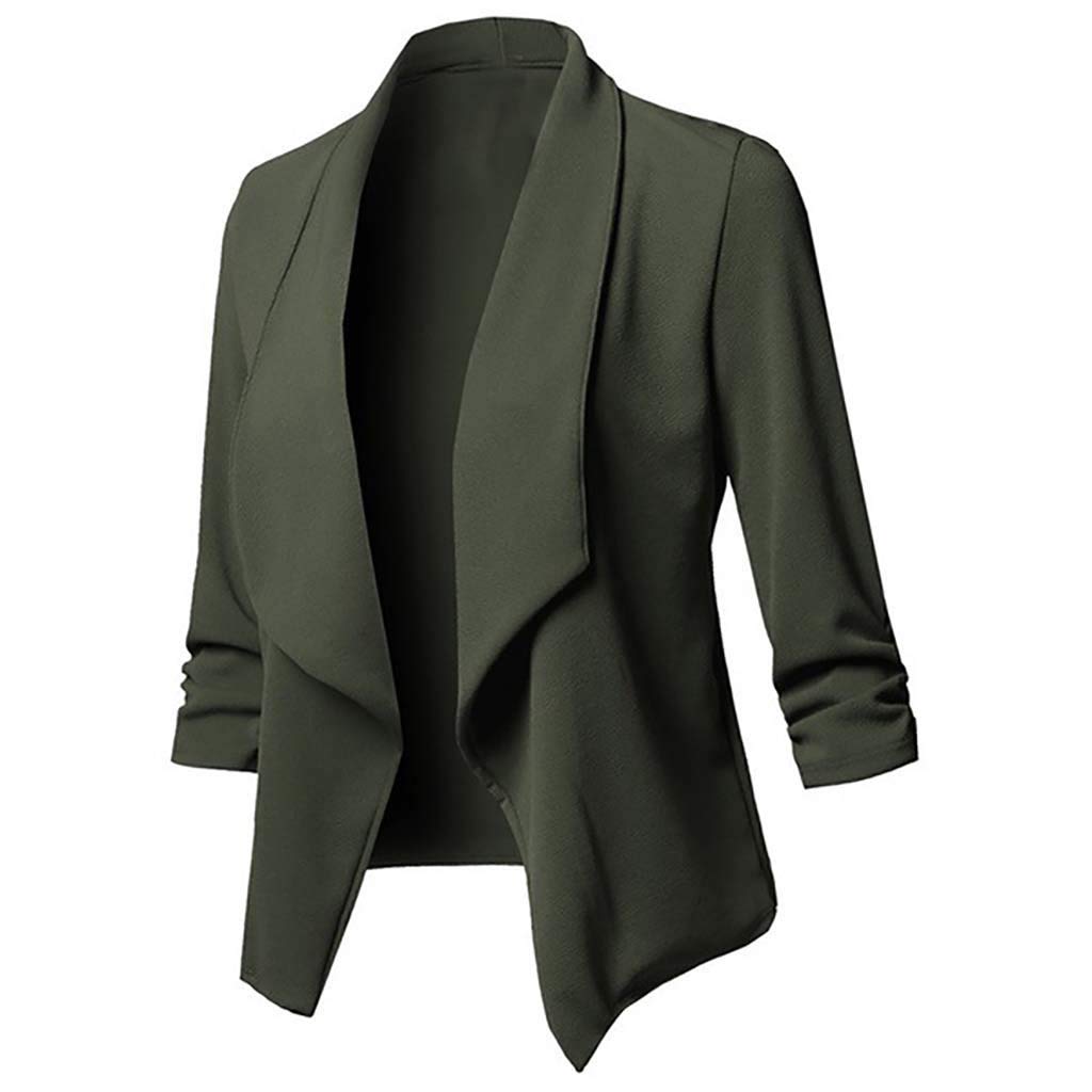 Ruched 3 4 Length Sleeve Open Front Draped Blazers for Womens Business Casual Basic Work Jackets Plus Size