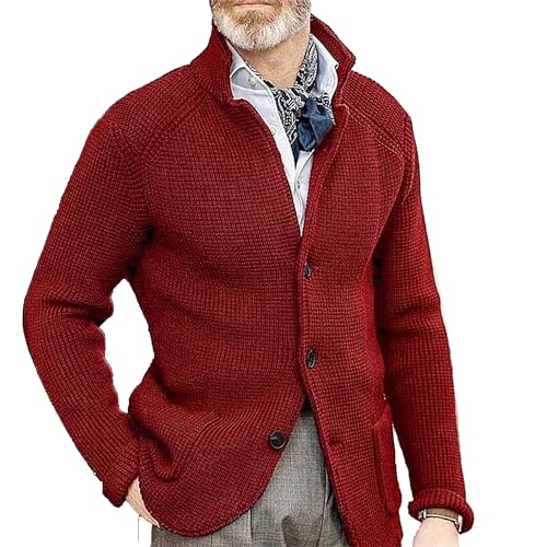Maiyifu-GJ Mens Stand Collar Cardigan Sweater Long Sleeve Button Down Slim Fit Casual Knitted Sweater with Pockets