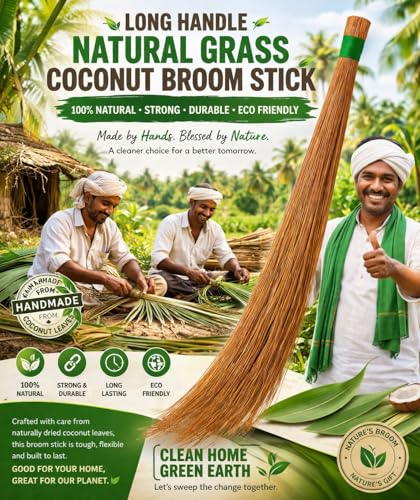 Image of 1 pic Heavy Duty Coconut Broom Coconut Fiber Jhadu for Floor Cleaning Strong Durable 95 cm Long Natural Bamboo Handle Eco Friendly 400 Gram Cleaning Jhadu for Wet Floor Outdoor Garden Home Use