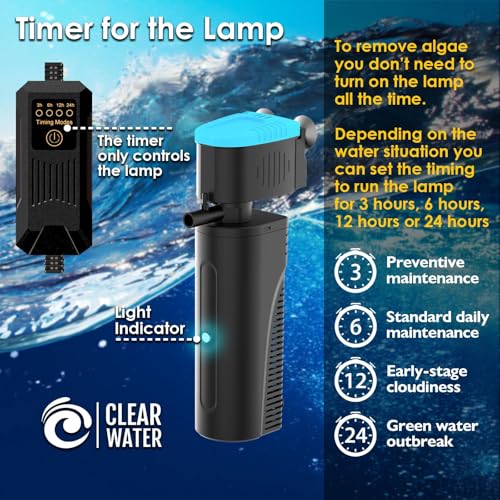 Image of Aquarium Filter | U-V Fish Tank Filter for Green Water Cleaning | U-V Clarifier with Timer | Aeration & Rainfall Mode | Turtle Tank Filter | Submersible Pump with Filter | for 60-150 Gallons