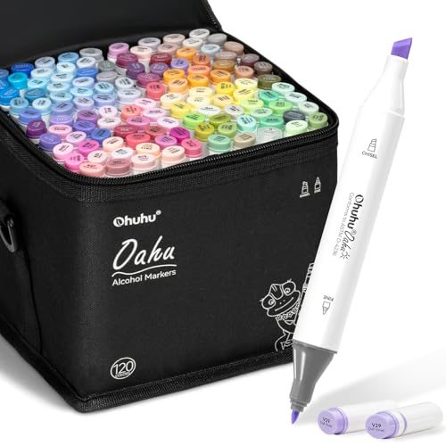 Ohuhu Alcohol Markers, 120-color Marker Set for Artists, Oahu Series, Double Tipped Alcohol Based Art Markers for Adults Coloring Sketching Illustration, Marker Case, Fine & Chisel