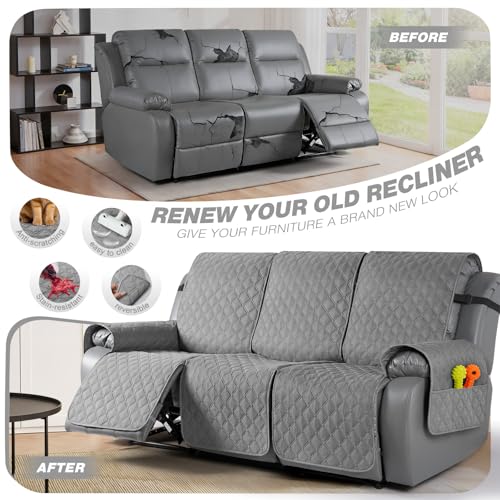 Image of TAOCOCO 100% Waterproof Recliner Covers, Recliner Sofa Covers with Leg Straps, Reversible Recliner Couch Cover for Reclining Chair, Washable Couch Protector for Pets Kids(3 Seater, Light Gray)