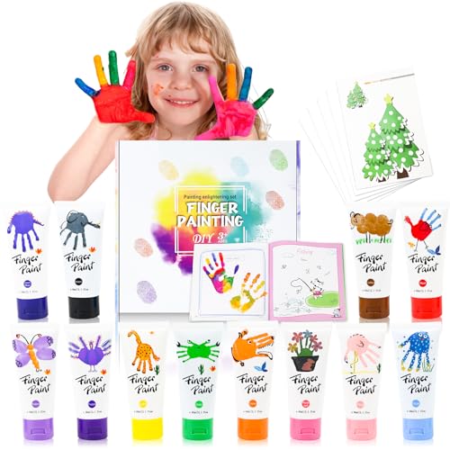 Colori a Dita per Bambini Atossici, 12 colori x 60ml Tempere Lavabili per Bambini con Libri da Colorare, Set di Pittura...