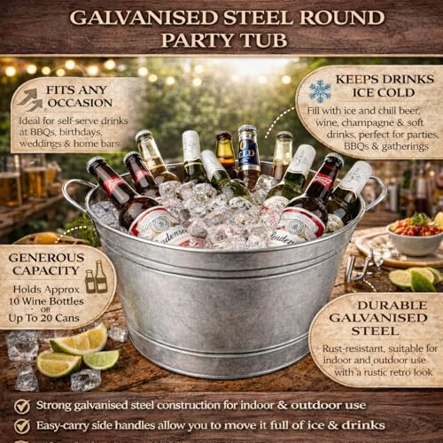bar@drinkstuff Galvanised Steel Round Party Tub - Drinks Pail, Beer Cooler, Beer Bucket, Drinks Cooler - Image 4