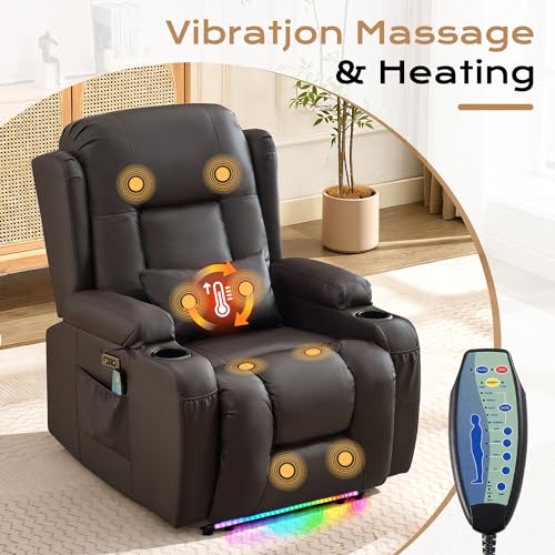 Image of URRED Recliner Chair with Massage and Heat, Power Reclining Sofa Chair Home Theater Seating with LED Ambient Light, USB Ports, Cup Holders, Side Pockets, Faux Leather (Brown, Set of 1)