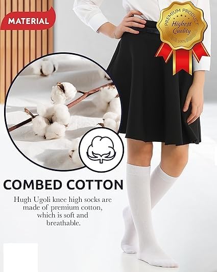 WKLOUYHE Kid's Knee High Cotton Socks for Girls Boys and Toddlers, Solid Color Long School Uniform Socks_Pack Of 04,White_16-17 Years 2