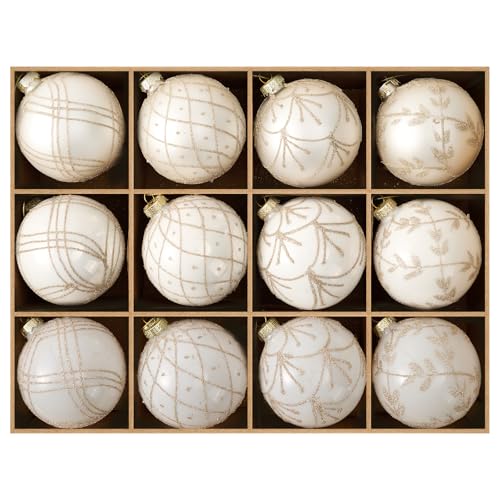 DN DECONATION Weihnachtskugeln Set, 12-teilig – Weiße Glaskugeln...