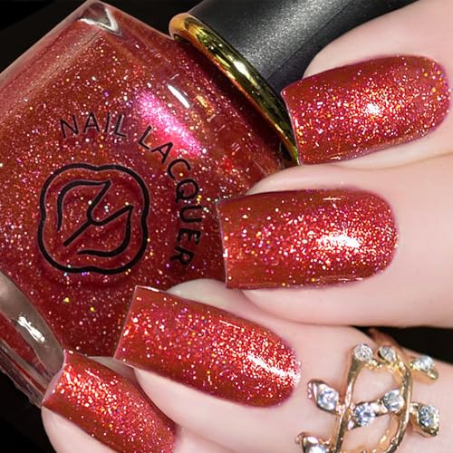 KAHSOSE Red Glitter Nail Polish Quick Dry, Red Sparkle Nail Polish, Long Lasting Red Sparkly Nails Polish, Fine Rainbow Glitter Red Nail Polish for Women and Girls, 10ML