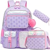 Meetbelify Mochila para Meninas Bolsa Escolar Mochila Estética com Lancheira para Estudante Fundamental Meninas Meninas Bonito Bookbag Crianças Kawaii Mochila para Meninas 8-10 (Star Purple 3pcs)