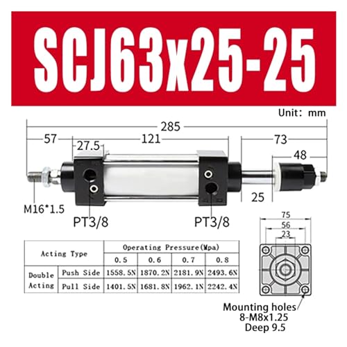 Cylindre à double effet SCJ63x25-25 : course réglable précise et grande poussée mécanique - 4