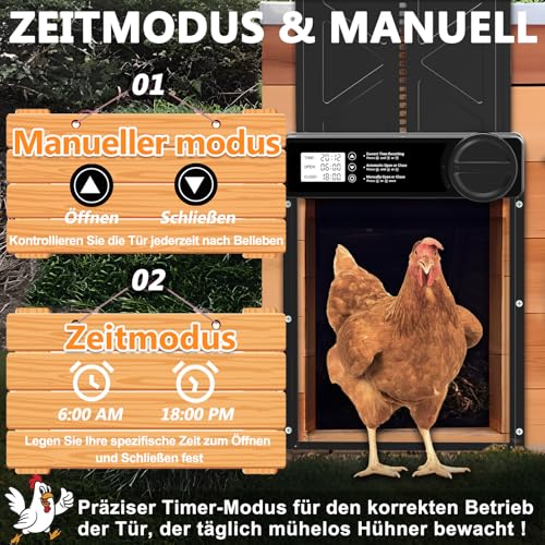 INNOLAND Automatische Hühnerklappe - Große mit Zeit/Handmodus Einklemmschutz, elektrische Hühnerklappe automatisch, Aluminiumlegierung Hühnertür | Wasserdicht Großes Display | Batteriewarnung