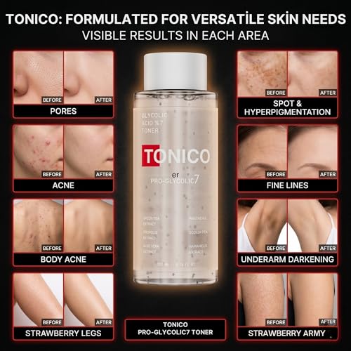 Image of Tonico Glycolic Acid 7% Exfoliating Glow Toner for Face & Body | Pore Minimizer, Strawberry Legs, Dark Spots & Skin Brightening | Witch Hazel, Aloe Vera, Green Tea | 6.76 fl oz