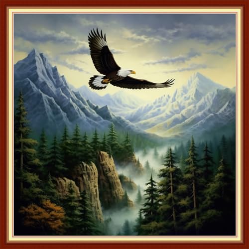 Image of Disxvivy Cross Stitch Stamped Full Embroidery Kits DIY 11CT Cotton Thread Printed DIY Needlepoint Kits Craft Needlework Set Cross-Stitch Stamped Sets-Eagle Scenery 18x18 inch