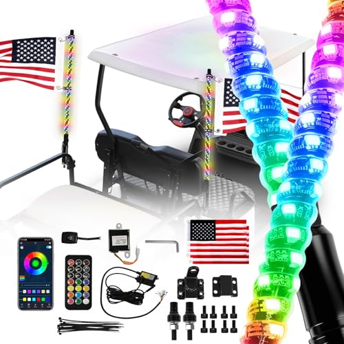 Cartalia 2 Pack 3Ft Golf Cart Flag Pole Whip Lights, Only Fit 1.0' Square Rail, Led Light Bluetooth App &Amp; Remote Control, Lighted With Turn Reverse Brake Signal For 36V/48V/72V (Included Dc Converter)