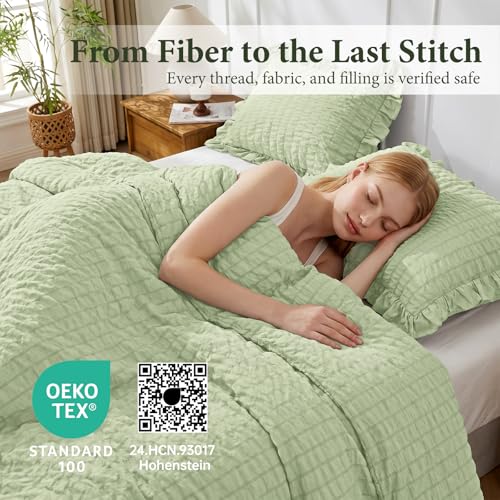 Image of JOLLYVOGUE Sage Green Comforter Full Size, 3 Pieces Seersucker Lightweight Full Size Bedding, All Season Fluffy Microfiber Bedding Comforter Set with 1 Ruffle Comforter and 2 Ruffle Pillowshams