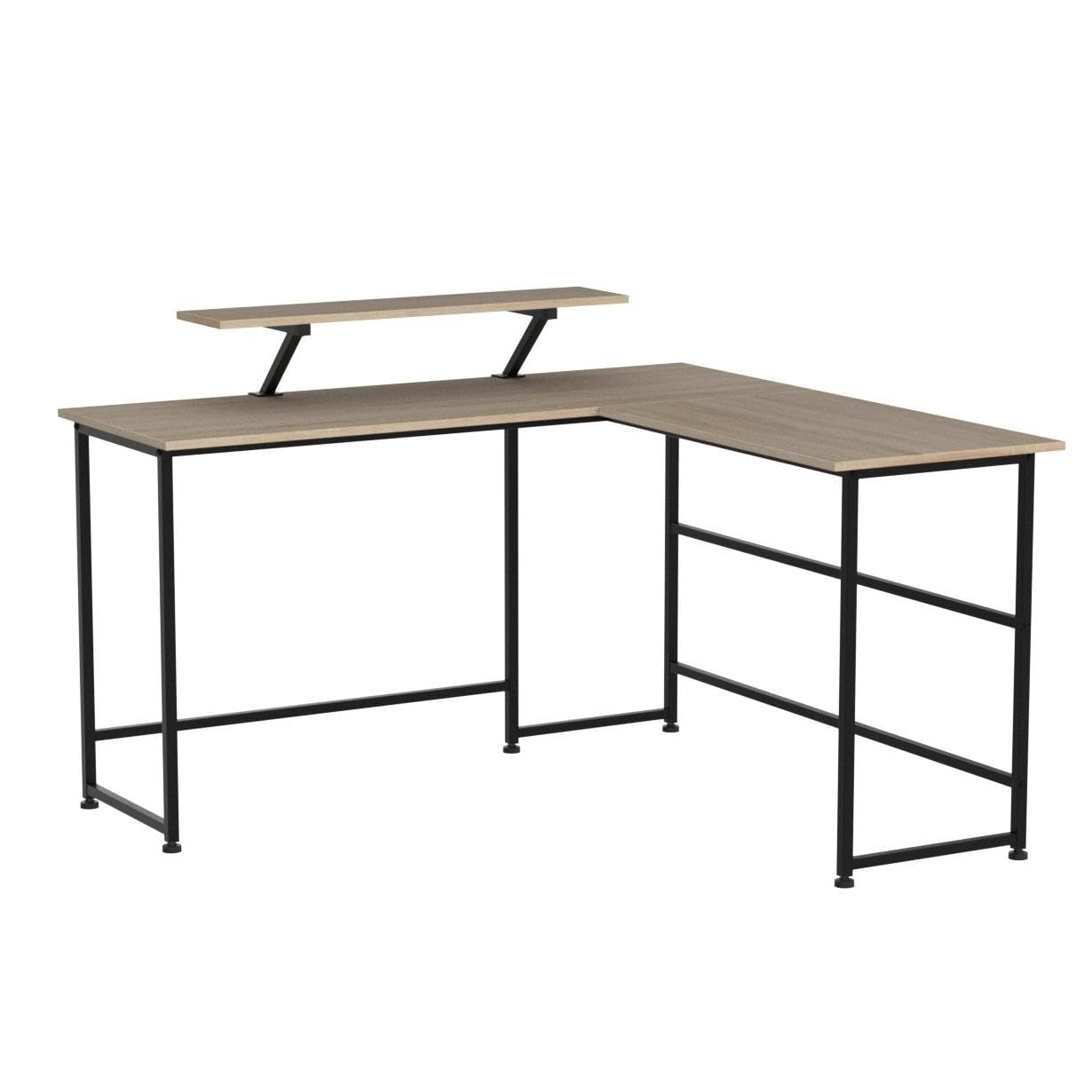 tectake® Scrivania angolare 140x130x76,5 cm, Scrivania Gaming Casa e Ufficio, Ideale Computer Portatile o Computer Fisso, Ripiano rialzato per Monitor, Scrivanie Stile Industriale - Legno Chiaro