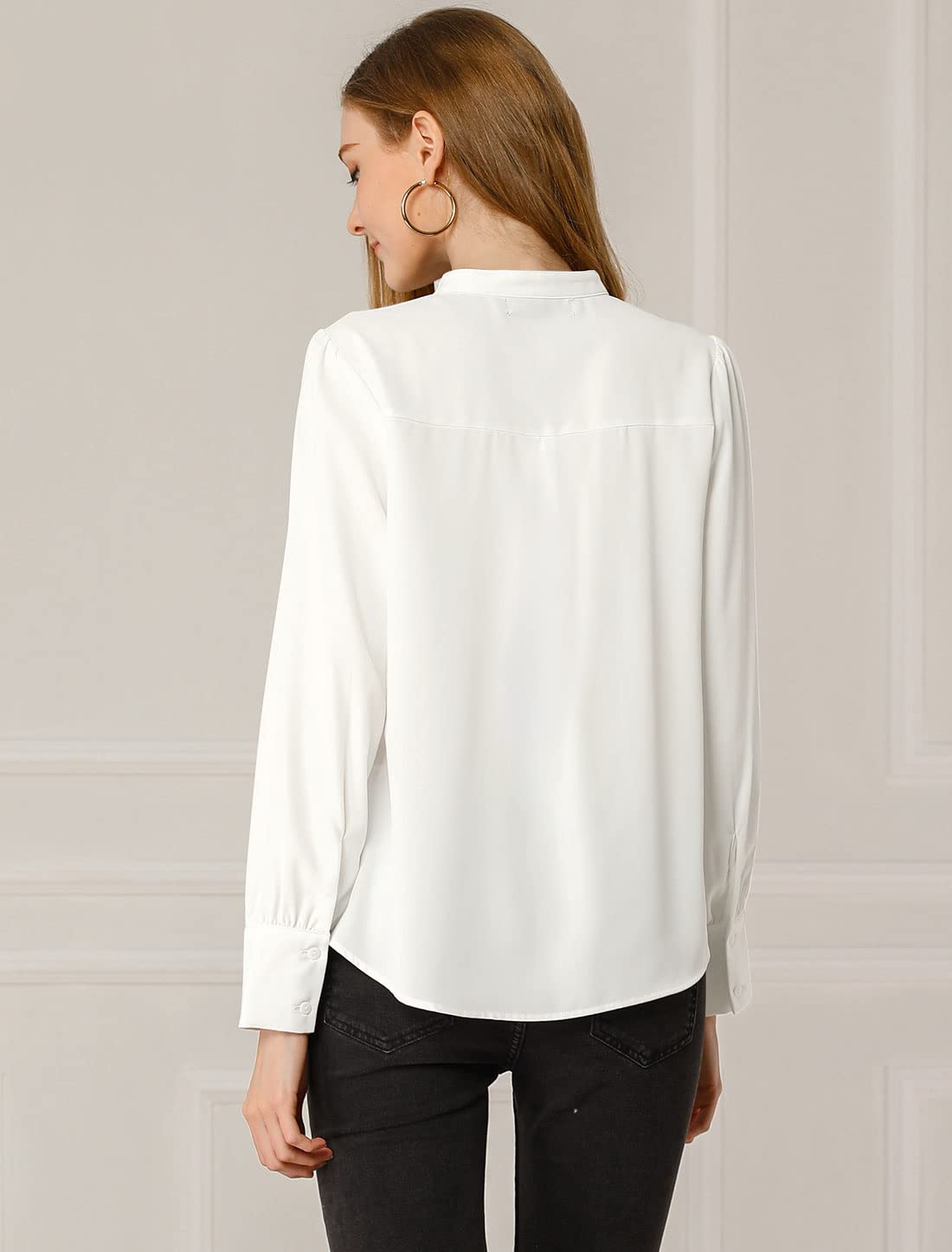 Allegra K Haut de bureau boutonné à manches longues et col mandarin pour femme