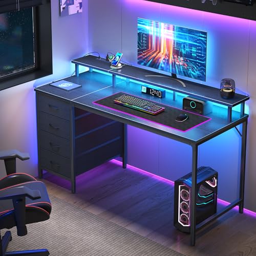 DUMOS 40-Inch Gaming Desk with Power Outlets and LED Lights Black