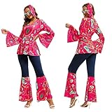 HomeChi Disfraz Hippie para Mujere de Los Años 70 5Pcs, Conjuntos Retro Incluye Camiseta de Manga Larga Pantalones Largos...