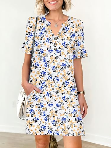Image of Prinbara Womens Summer Casual Dresses Ruffle Short Sleeve V Neck Button 2026 Spirng Vacation Beach Loose Boho Shift Dress