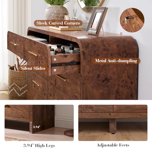 Image of Curved Drawer Dresser for Bedroom with 8 Drawers, 54'' Wide Chest of Drawer