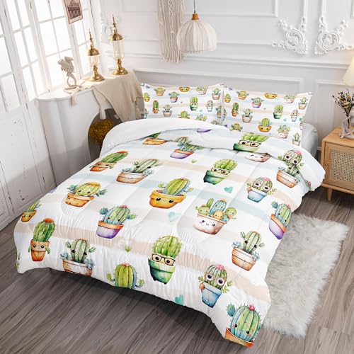 Image of AILONEN Cute Cactus Comforter Set Twin Size, Funny Cartoon Style Succulent Plant Bedding Set for Kids Girls,Mexican Nature Hipster Humor Print Bed in a Bag,1 Quilt Set 2 Pillowcases,3 PCS