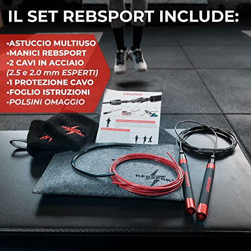 Corda per Saltare Professionale da Crossfit REBSPORT Regolabile e Autobloccante con Polsini in Regalo e 2 Cavi in Acciaio da 2.5mm ideale per double under
