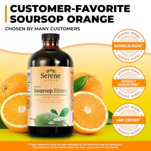 Image of Serene Herbs Soursop Bitters Liquid - Organic Herbal Sour SOP Guanabana with Black Seed, Moringa, Irish Moss & Ginger - Gut Support, Energy & Immune Boost - Vegan, Non-GMO - Orange Flavor - 16 oz
