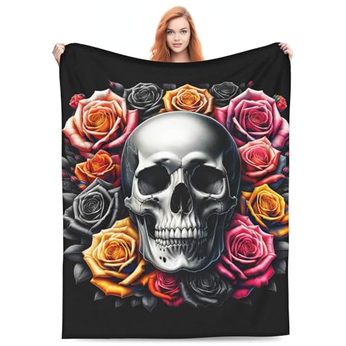 VODRM Horror-Totenkopf-Decke, Geschenke für Kinder und Erwachsene, weich, warm, leicht, gemütlich, weiße und schwarze Totenköpfe, Rose… – Ansicht 1
