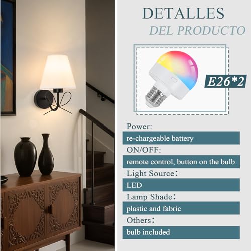Image of ADISUN Modern Wall Sconce Set of Two, Battery Operated Wall Sconce Remote Control Dimmable Wall Lamp Wireless Sconces for Living Room Bathroom Dining Room Corridor Staircase (2 Bulbs Included)