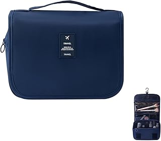 Exgox 化粧ポーチ メイクポーチ 大容量 軽量 トラベルコスメポーチ 大きめ 便利グッズ 出張 旅行用 多機能 シンプル おしゃれ コンパクト 化粧品入れ トイレタリーバ 小物入れ バスルームポーチ トイレタリーバッグ 手提げ 吊り下げ 壁掛け フック付 縦型 立てたまま収納可能 レディース メンズ (紺)