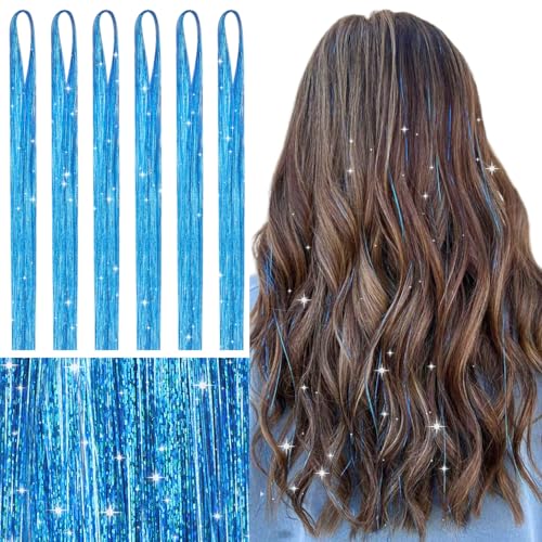 Image of WENNALIFE Hair Tinsel for Girls, Sky Blue Fairy Kit 1200 Strands 6PCS 48 Inch Heat Resistant Glitter Tinsel Hair Extensions Kit Christmas Feathers Hair Sparkle Strands