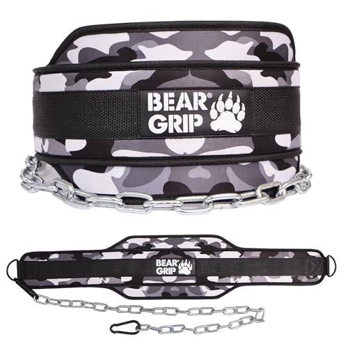 BEAR GRIP -Weighted Dip & Pull up Belt for Strength Training Bodybuildng (Camo Grey), One Size Fits Most