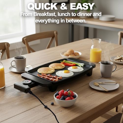 I-Keukenn Small Electric Griddle, 10 Inch Mini Ceramic Non-Stick Electric Skillet with Adjustable Thermostat, 1200W Single Serve Grill for Breakfast, Cooking for Pancakes, Eggs, Sausage
