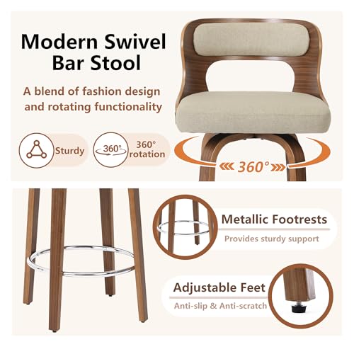 Image of Swivel Bar Stools Set of 2, 26 inch Counter Height Bar Stools, Mid-Century Modern Linen Fabric Modern Island Chairs with Back and Footrest, for Kitchen, Bar, Restaurant, Cafe, Camel