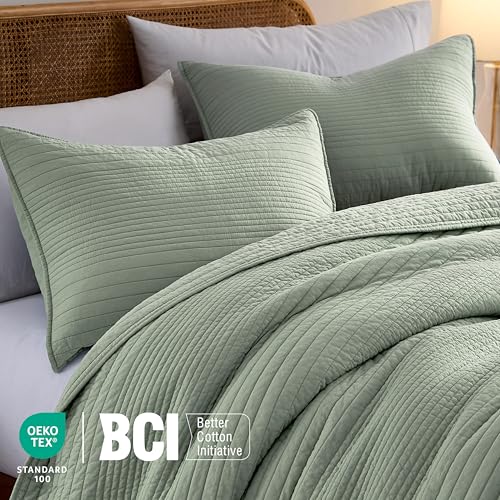 Image of palassio Striped Sage Green 100% Cotton Quilt King Size Bedding Sets, Lightweight Crinkly Channel Pick Stitch Textured Bedspread Soft Shabby Chic Farmhouse Country Coverlet for All Season, 2 Shams