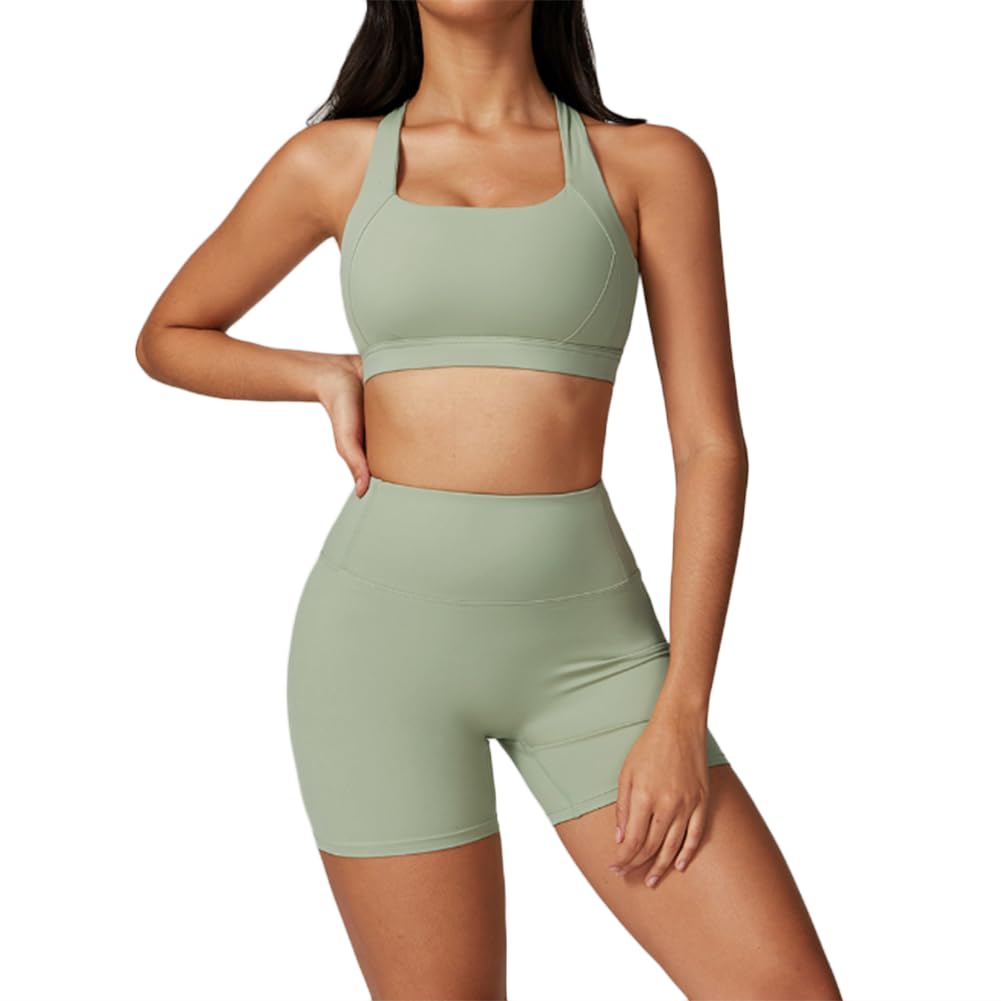 XYFfybhsd Women's Fitness Sets Gym Clothes Training Breathable Sportswear Open Back Yoga Bra Butt-lift Shorts 2pcs Set(Size:M,Color:Green)