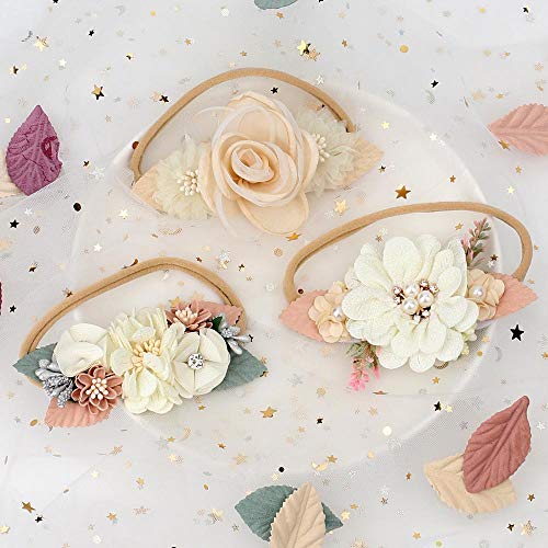 Vobobe Baby Girl Nylon Headbands Infant Flower Elastic Hair Band Bows Wraps For Newborn Toddler Hair Accessories Pack Of 3 (A-Beige) #TOP5