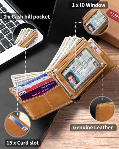 Image of Artpaxy Mens Wallet Bifold Genuine Leather RFID Blocking Wallet for Men with 1 ID Window 15 Card Holders 2 cash pockets 1 Gift Box