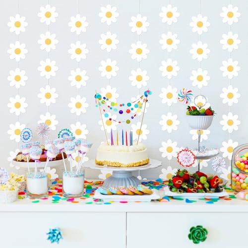 Image of Pasimy 8 Pcs Daisy Boho Party Decorations Groovy Daisy Paper Garlands White Flower Hanging Garland Banner Hippie Flower Cutouts for Birthday Shower Wedding Party Favor Supplies (Classic,White)