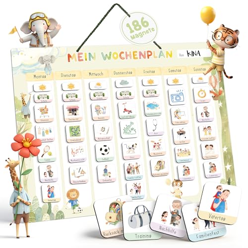 BIROYAL Wochenplaner für Kinder | Montessori Magnettafel inkl. 186 Magnete & Kordel | Kalender beschreib & abwischbar | magnetisches Lernspielzeug auf Deutsch für Kinder