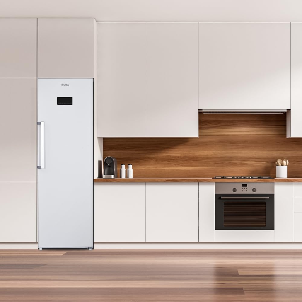 HYUNDAI Refrigerador Blanco, 1 Puerta. HRF18560NDDW00, Capacidad 359 Litros, No Frost, Motor Universal, 40 dB, Puerta Reversible, Apertura Tirador, Clase D